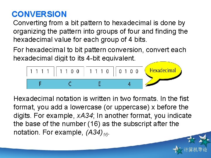 CONVERSION Converting from a bit pattern to hexadecimal is done by organizing the pattern