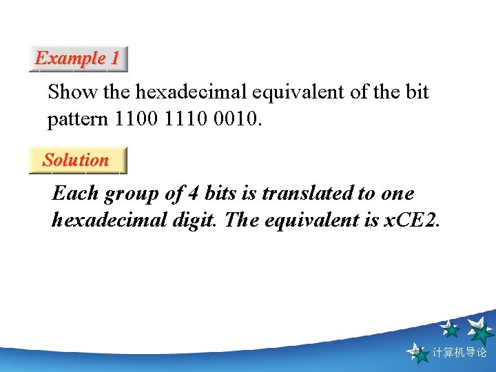 Example 1 Show the hexadecimal equivalent of the bit pattern 1100 1110 0010. Solution