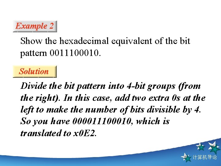 Example 2 Show the hexadecimal equivalent of the bit pattern 0011100010. Solution Divide the