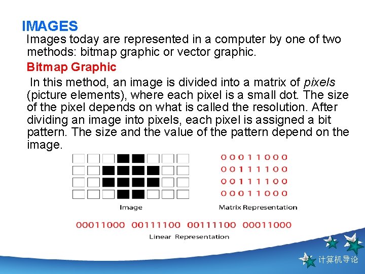 IMAGES Images today are represented in a computer by one of two methods: bitmap