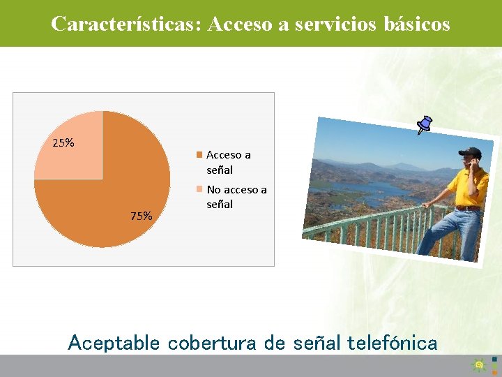Características: Acceso a servicios básicos 25% Acceso a señal 75% No acceso a señal