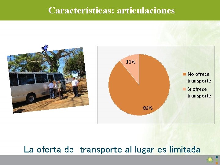 Características: articulaciones 11% No ofrece transporte Sí ofrece transporte 89% La oferta de transporte