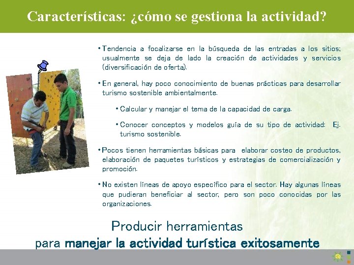 Características: ¿cómo se gestiona la actividad? • Tendencia a focalizarse en la búsqueda de