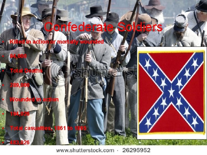 Confederate Soldiers • Killed in action or mortally wounded • 94, 000 • Total Confederate Soldiers • Killed in action or mortally wounded • 94, 000 • Total