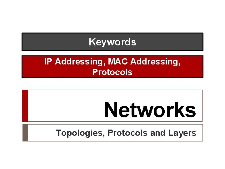 Keywords IP Addressing, MAC Addressing, Protocols Networks Topologies, Protocols and Layers 