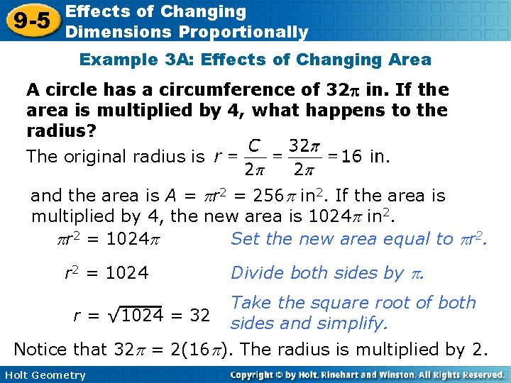 9 -5 Effects of Changing Dimensions Proportionally Example 3 A: Effects of Changing Area 9 -5 Effects of Changing Dimensions Proportionally Example 3 A: Effects of Changing Area