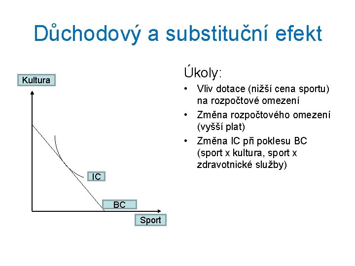 Důchodový a substituční efekt Úkoly: Kultura • Vliv dotace (nižší cena sportu) na rozpočtové