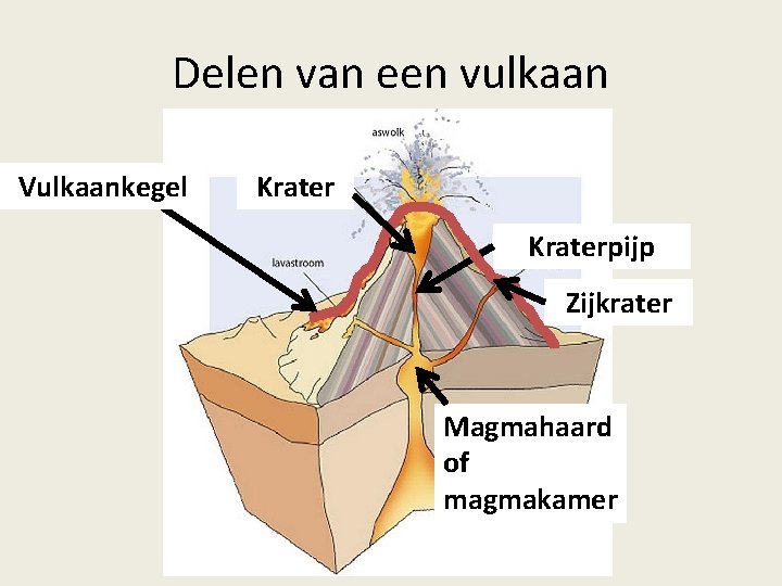 Delen van een vulkaan Vulkaankegel Kraterpijp Zijkrater Magmahaard of magmakamer 