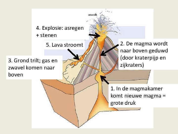 4. Explosie: asregen + stenen 5. Lava stroomt 3. Grond trilt; gas en zwavel