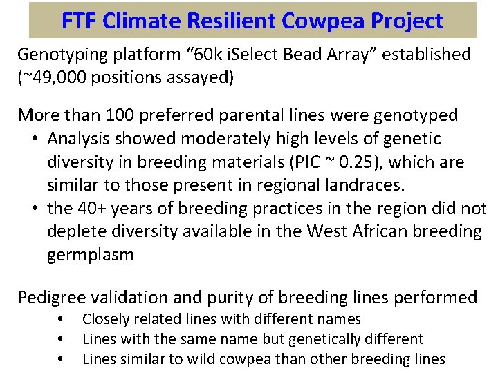 FTF Climate Resilient Cowpea Project Genotyping platform “ 60 k i. Select Bead Array” FTF Climate Resilient Cowpea Project Genotyping platform “ 60 k i. Select Bead Array”