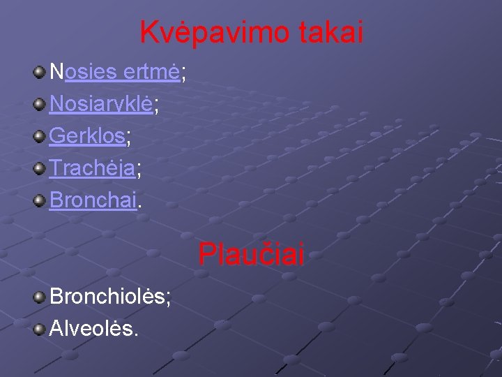 Kvėpavimo takai Nosies ertmė; Nosiaryklė; Gerklos; Trachėja; Bronchai. Plaučiai Bronchiolės; Alveolės. 