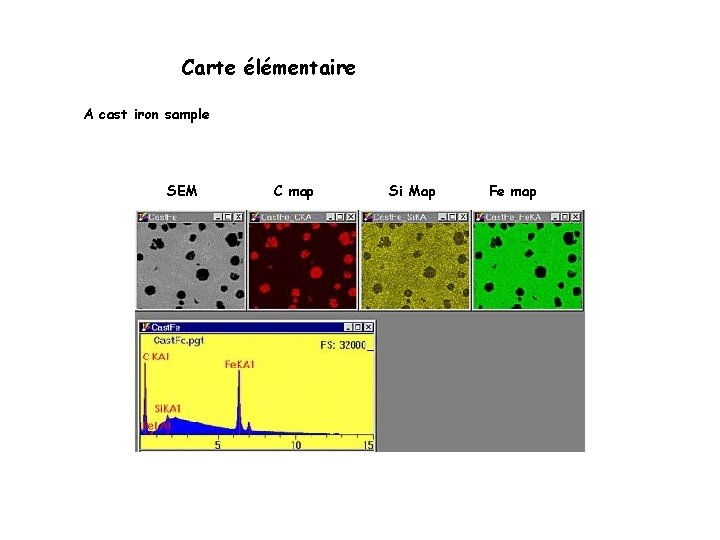 Carte élémentaire A cast iron sample SEM C map Si Map Fe map 