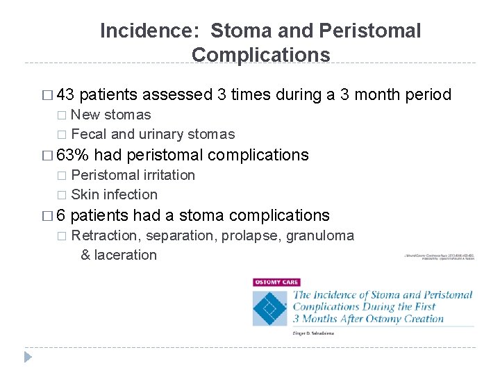 Incidence: Stoma and Peristomal Complications � 43 patients assessed 3 times during a 3