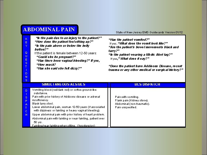 ABDOMINAL PAIN K E Y Q U E S T I O N S