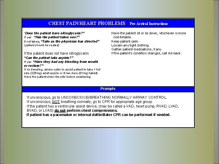 CHEST PAIN/HEART PROBLEMS “Does the patient have nitroglycerin? ” If yes: “Has the patient