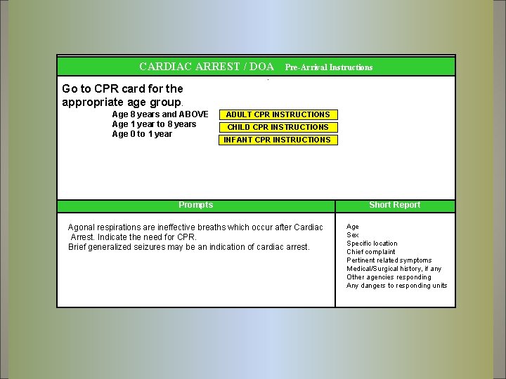 CARDIAC ARREST / DOA Pre-Arrival Instructions . Go to CPR card for the appropriate