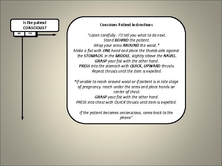 Is the patient CONSCIOUS? NO YES Conscious Patient Instructions “Listen carefully. I’ll tell you