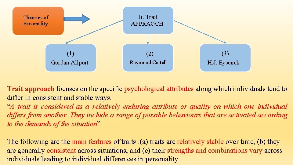Ii. Trait APPRAOCH Theories of Personality (1) Gordan Allport (2) Raymond Cattell (3) H. Ii. Trait APPRAOCH Theories of Personality (1) Gordan Allport (2) Raymond Cattell (3) H.