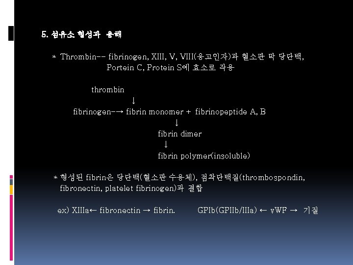 5. 섬유소 형성과 용해 * Thrombin-- fibrinogen, XIII, V, VIII(응고인자)과 혈소판 막 당단백, Portein