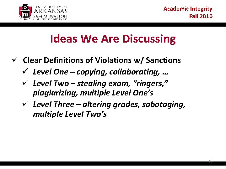 Academic Integrity Fall 2010 Ideas We Are Discussing ü Clear Definitions of Violations w/
