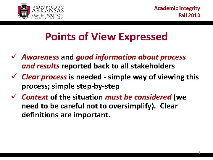 Academic Integrity Fall 2010 Points of View Expressed ü Awareness and good information about