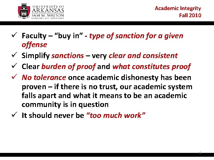 Academic Integrity Fall 2010 ü Faculty – “buy in” - type of sanction for