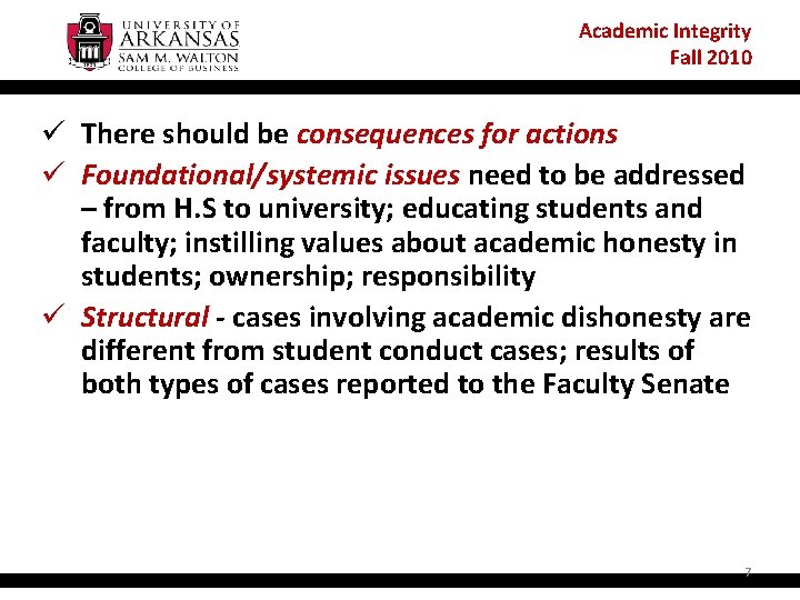 Academic Integrity Fall 2010 ü There should be consequences for actions ü Foundational/systemic issues