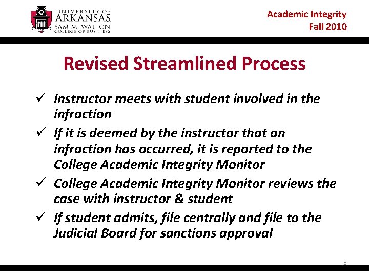 Academic Integrity Fall 2010 Revised Streamlined Process ü Instructor meets with student involved in