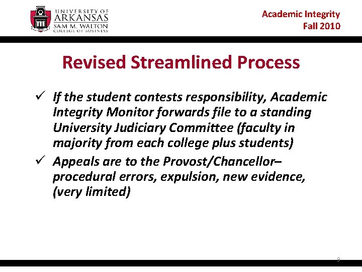 Academic Integrity Fall 2010 Revised Streamlined Process ü If the student contests responsibility, Academic