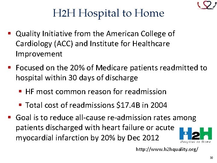 H 2 H Hospital to Home § Quality Initiative from the American College of