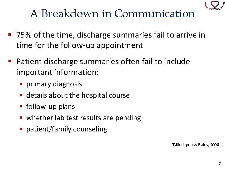 A Breakdown in Communication § 75% of the time, discharge summaries fail to arrive