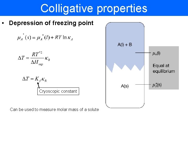 Colligative properties • Depression of freezing point Cryoscopic constant Can be used to measure