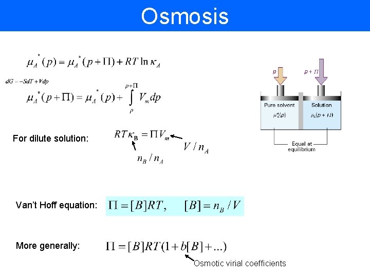 Osmosis For dilute solution: Van’t Hoff equation: More generally: Osmotic virial coefficients 