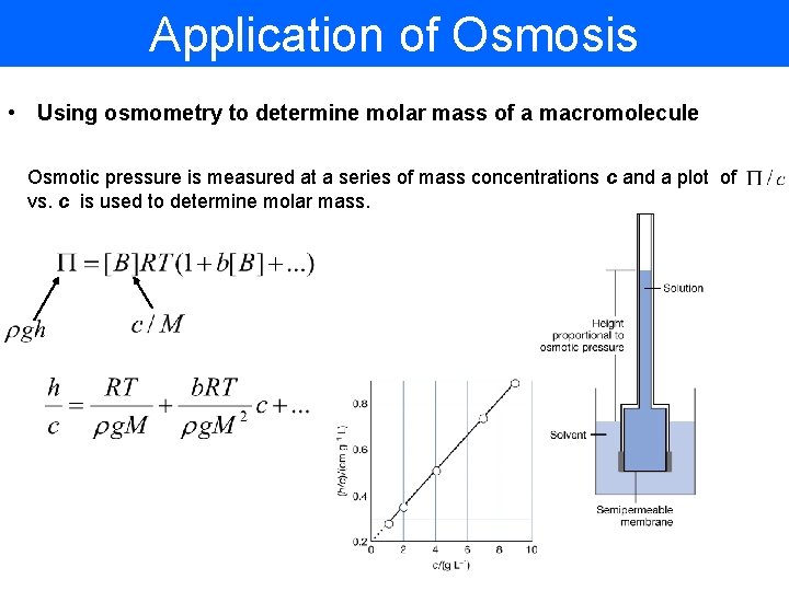 Application of Osmosis • Using osmometry to determine molar mass of a macromolecule Osmotic
