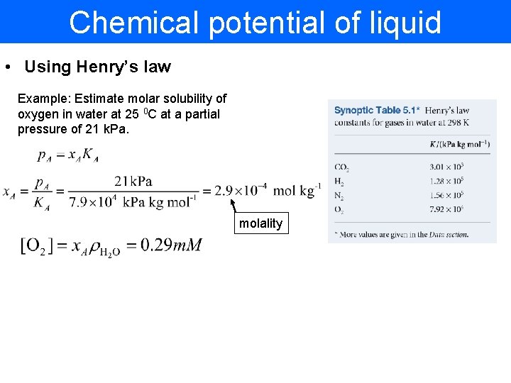 Chemical potential of liquid • Using Henry’s law Example: Estimate molar solubility of oxygen