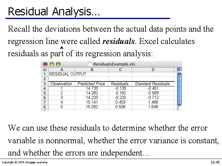 Residual Analysis… Recall the deviations between the actual data points and the regression line