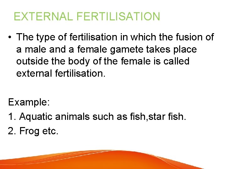 EXTERNAL FERTILISATION • The type of fertilisation in which the fusion of a male