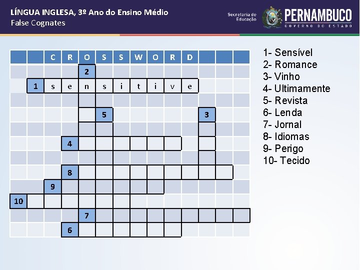 LÍNGUA INGLESA, 3º Ano do Ensino Médio False Cognates C R O S S