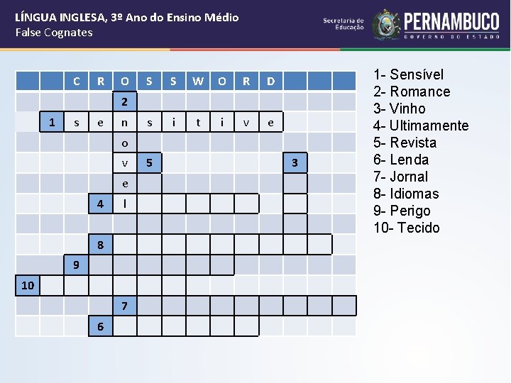 LÍNGUA INGLESA, 3º Ano do Ensino Médio False Cognates C R O S S