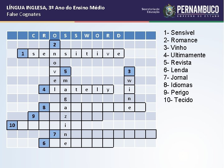 LÍNGUA INGLESA, 3º Ano do Ensino Médio False Cognates C R O S S