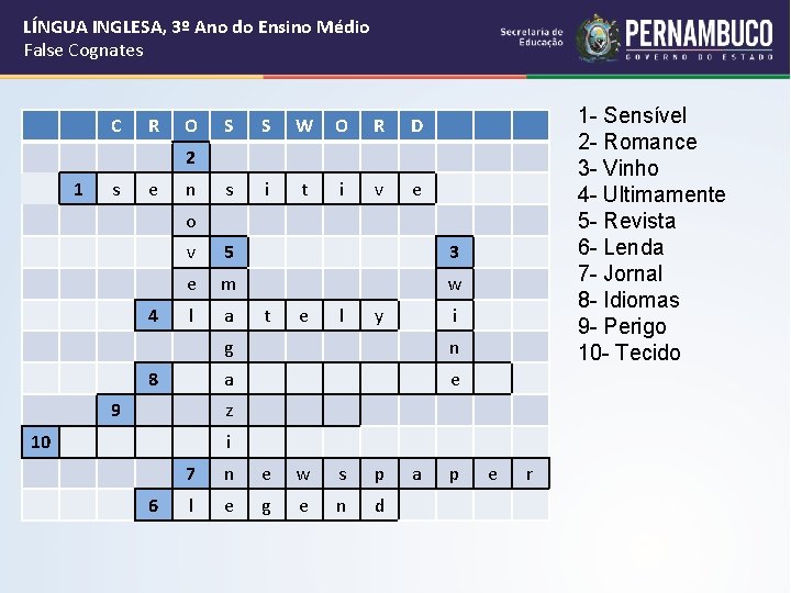 LÍNGUA INGLESA, 3º Ano do Ensino Médio False Cognates C R O S S