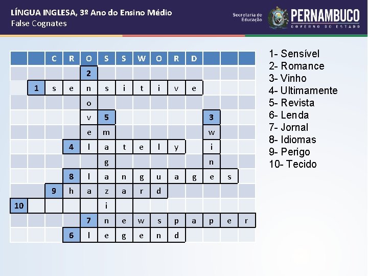 LÍNGUA INGLESA, 3º Ano do Ensino Médio False Cognates C R O S S