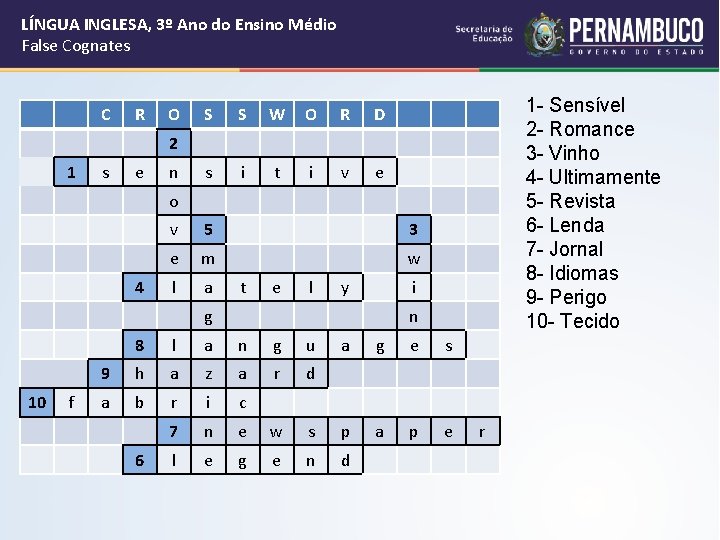 LÍNGUA INGLESA, 3º Ano do Ensino Médio False Cognates C R O S S
