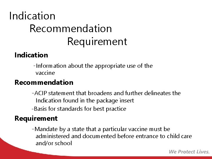 Indication Recommendation Requirement Indication • -Information about the appropriate use of the vaccine Recommendation