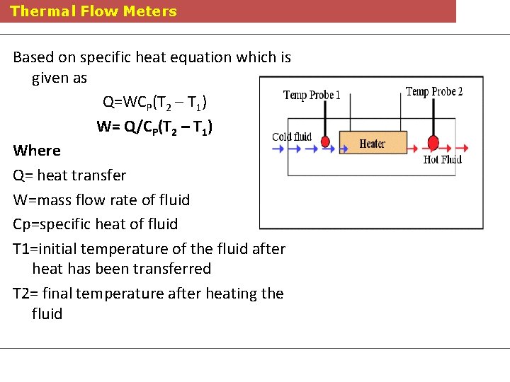 Thermal Flow Meters Based on specific heat equation which is given as Q=WCP(T 2