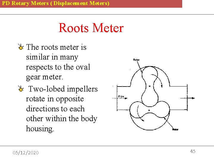 PD Rotary Meters ( Displacement Meters) Roots Meter The roots meter is similar in