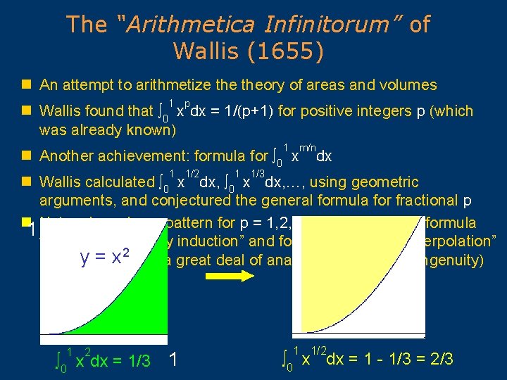 The “Arithmetica Infinitorum” of Wallis (1655) n An attempt to arithmetize theory of areas