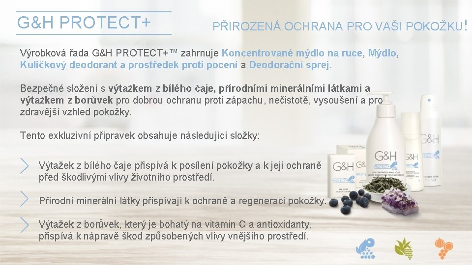 G&H PROTECT+ PŘIROZENÁ OCHRANA PRO VAŠI POKOŽKU! Výrobková řada G&H PROTECT+™ zahrnuje Koncentrované mýdlo