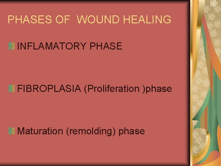 PHASES OF WOUND HEALING INFLAMATORY PHASE FIBROPLASIA (Proliferation )phase Maturation (remolding) phase 