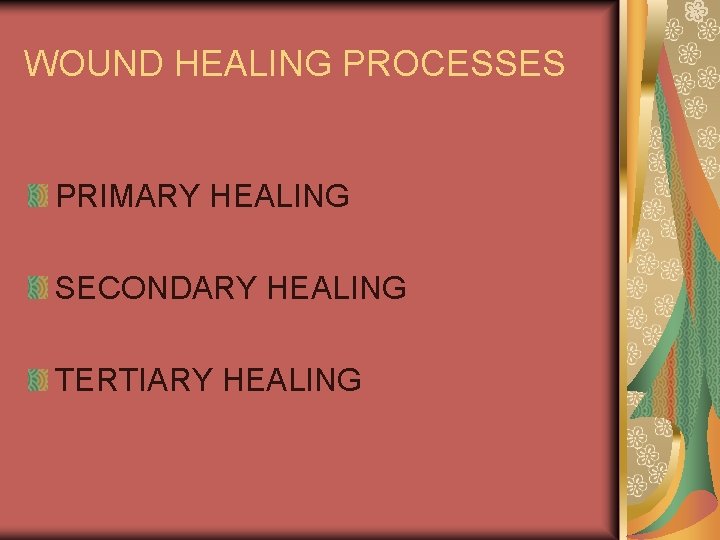 WOUND HEALING PROCESSES PRIMARY HEALING SECONDARY HEALING TERTIARY HEALING 